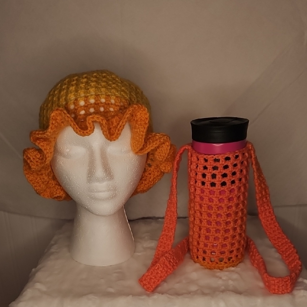 Orange Crochet Bucket hat and Bottle Holder bag set